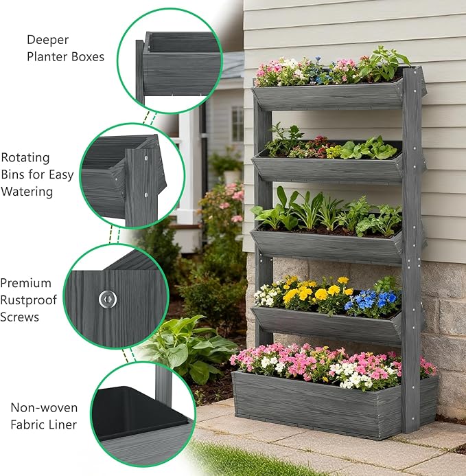 DoCred Vertical Wooden Raised Garden Bed, 5 Tier Upgraded Garden Planters Freestanding Wood Plant Stand Flower Rack Wooden Planter Box for Plants Herbs Flowers Vegetables Outdoor Indoor DoCred