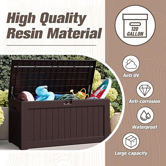 JUMMICO 120 Gallon Resin Deck Box, Large Outdoor Storage Box Waterproof & Lockable for Garden, Patio, Pools (Deep Brown) JUMMICO