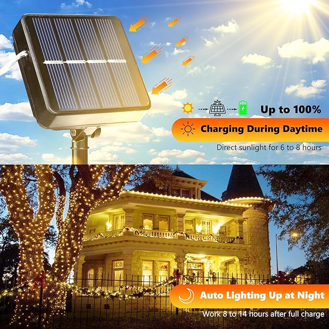 Joomer Solar Fairy Lights, 4-Pack Total 104FT 320LED Solar String Lights Outdoor Waterproof 8 Lighting Modes for Patio Fence Party Garden Yard Home Holiday Tree Outdoor Decoration (Warm White) Joomer