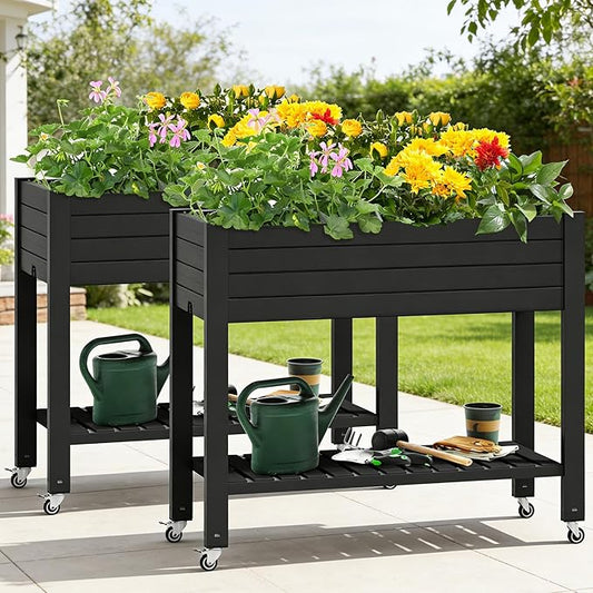 YITAHOME 43.3x17.7x34 in Elevated Garden Bed 2pcs, Outdoor Plastic Planter Box with Wheels, Legs, Drain Plug, and Storage Shelf for Plants, Vegetables, Flowers, Herbs, Black YITAHOME