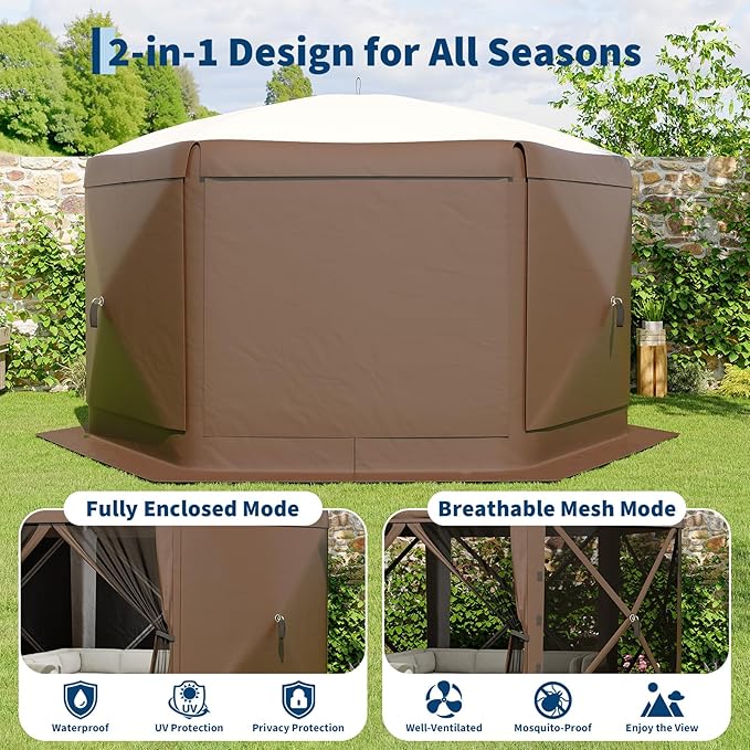 13x13FT 6-Sided Pop Up Gazebo Tent，One-Push Setup Canopy Tent with Removable Canopy Top & Wind Cloths, Outdoor shelter for Camping, Backyard Parties, Outdoor Events - Beige & Khaki GarveeLife
