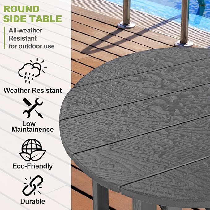 Y&M Outdoor Side Table, Waterproof Four-Legged Round Entryway End Table, Single-Tier HDPE Modern Small Coffee Nightstand for Bedroom, Living Room, Patio, Indoor or Outdoor Use, Dark Gray YM