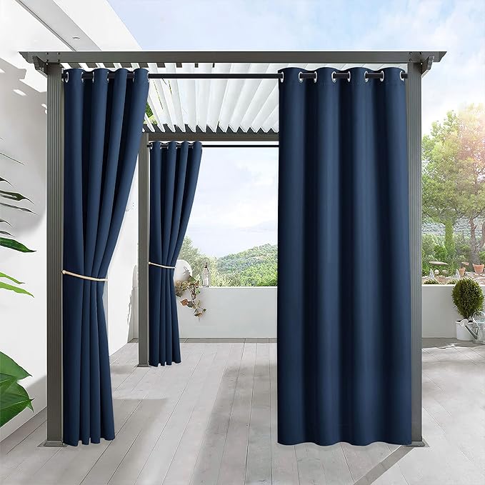 RYB HOME Outdoor Curtains for Patio Waterproof Block Sunlight Thermal Insulated Privacy Assured Thick Outside Curtains for Porch, Gazebo, Pergola, W52 x L95, Navy Blue, 1 Panel RYBHOME
