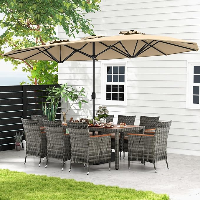 Tangkula 10 Pieces Patio Wicker Dining Set w/Double-Sided Patio Umbrella, Outdoor Acacia Wood Furniture Set w/ 8 Armchairs, 71” Dining Table & 15 ft Umbrella with Weighted Base (Beige) TANGKULA