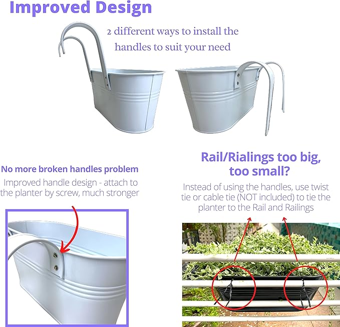 LaLaGreen Rail Planter Outdoor (6 Pack, 11.8 Inch) White Metal Iron Hanging Flower Pots Deck Railings Fence Buckets Modern Countryside Boho Style Wall Mount Window Box Plant Holder Hooks Porch Decor L%C3%A1L%C3%A1Green