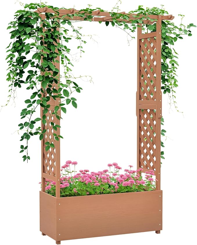 Outsunny Raised Garden Bed with Arch Trellis for Vine Climbing Plants, Hanging Flowers, 70.75" Tall Outdoor Wood Planter Box with Drainage Hole & Fabric Filter for Backyard, Patio, Brown Outsunny