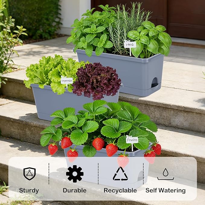 Window Box Planter 6 Packs, 13.8 Inches Rectangle Flower Pots with Drainage Holes & Trays, Pots for Vegetables, Herbs, Flowers, Garden Windowsill Balcony (Grey) Oliz