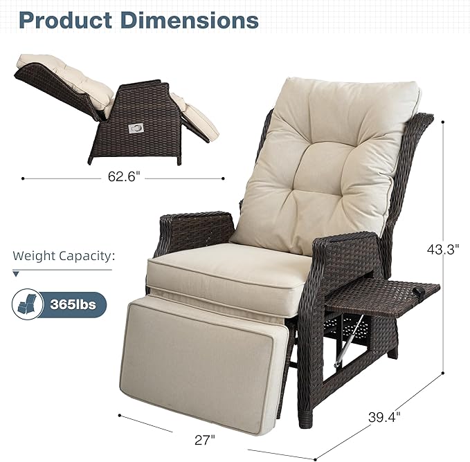 Outdoor Indoor Wicker Recliner with Adjustable Back and Footrest, Patio Reclining Chair with Flip-up Table, Outdoor Rattan Lounge Chair, Beige 2PCS COMLAXFIELD