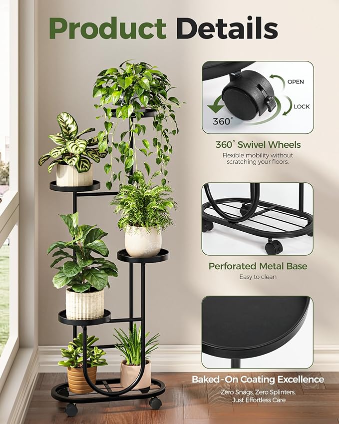 Bamworld Tall Plant Stand Indoor Outdoor Plant Stand with Wheels Heavy Duty Metal Plant Shelf for Multiple Plants Flower Stands for Patio Corner Garden Living Room Balcony, Black Bamworld
