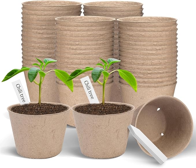 Peat Pots, 60 Pack Plant Starter Round Nursery Pot with Drainage Holes, Garden Germination Seedling Pots with 30 Plant Labels (4 Inch) ARGCONNER