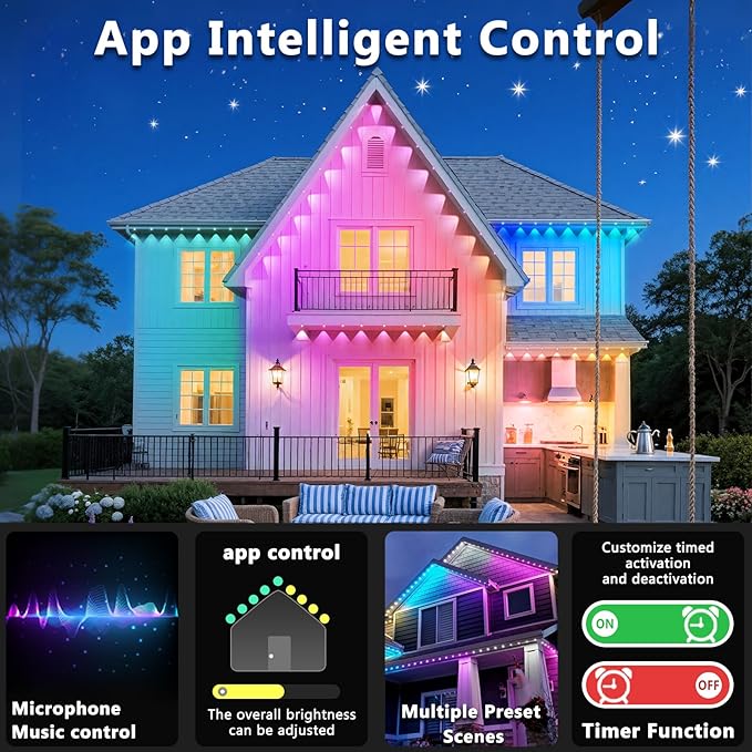 500FT Permanent Outdoor RGB Lights, IP67 Waterproof Smart Eave Lighting, with App/Remote Control Eaves Light, DIY LED Scenes Modes for House Roof Decor,Christmas,Party Rootora
