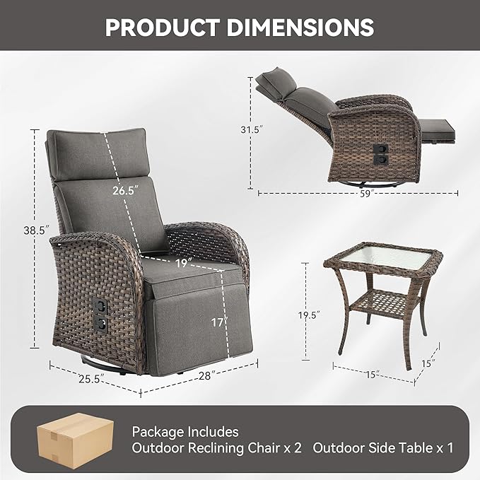 3 Pieces Zero Gravity Patio Swivel Rocking Recliner Chairs Set of 2 - Wicker Outdoor Lounge Chair with Side Table, Adjustable Backrest & Footrest, High Back Outdoor Recliner Chair for Pool Deck Gray JelwalyPatioFurnitureSet