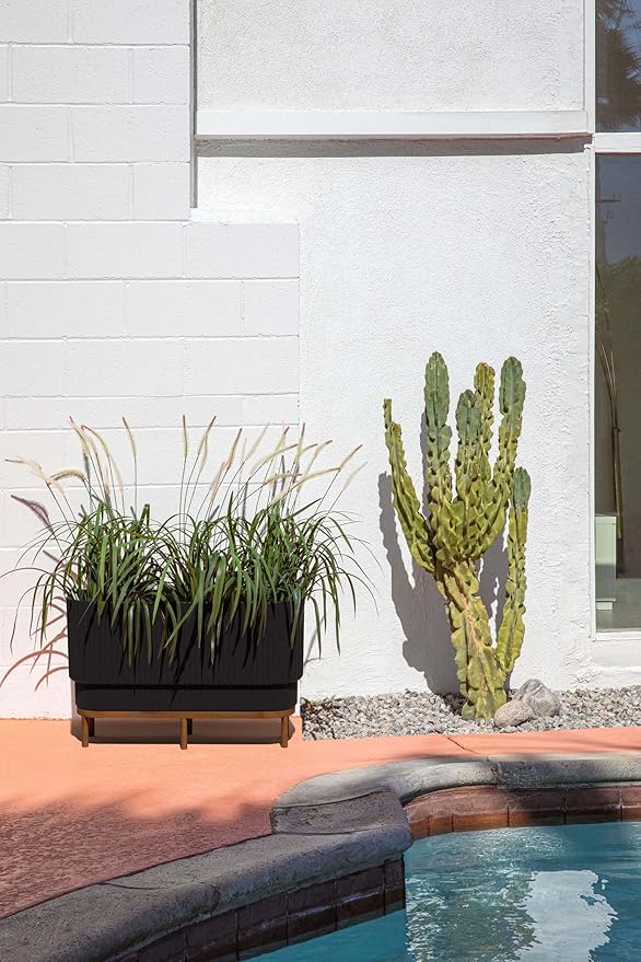 Veradek Demi Series Raised Long Planter for Indoor/Outdoor Use | Made from Plastic & Stone w/Wooden Stand | Modern Patio Décor for Flowers/Shrubs VeradekOutdoor
