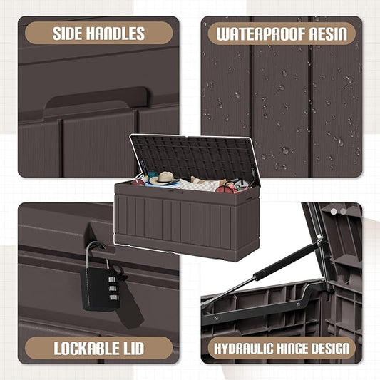 JUMMICO 78 Gallon Outdoor Deck Box Large Resin Storage Box for Patio Furniture Cushions and Garden Tools (Brown) JUMMICO