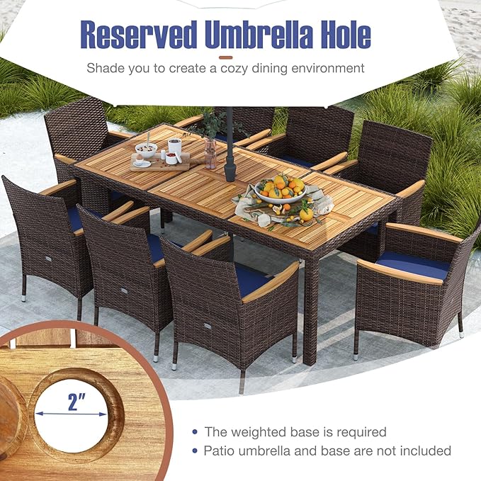 Tangkula 9 Pieces Rattan Outdoor Dining Set for 8, Outdoor Acacia Wood Table Set with 8 Cushioned Wicker Chairs, Umbrella Hole, Patio Dining Furniture Set for Deck Pool Backyard TANGKULA