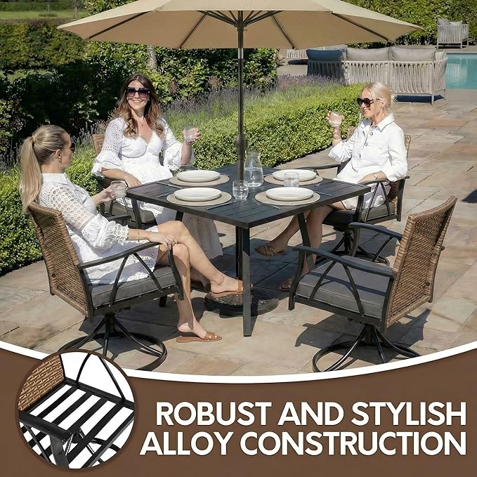 5-Piece Patio Dining Set for 4，Outdoor Dining Set with Wicker Swivel Patio Dining Chairs with Cushions & 1 Black Square Woodgrain Dining Table with 1.75”Market Umbrella Hole, Black & Brown Andehomy