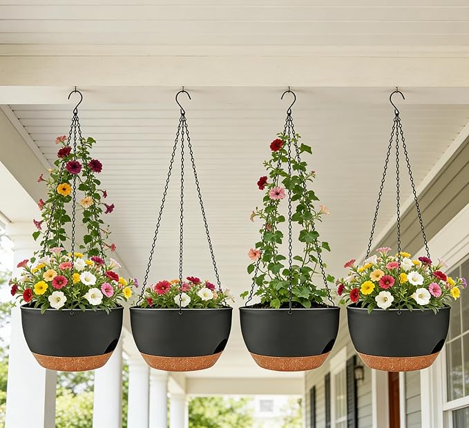 Set of 4-8 Inch Self Watering Hanging Planters for Indoor Outdoor，Hanging Plant Pots with Drainage & Removable Tray, Hanging Pots Holder for Ivy, Pothos, Ferns, Balcony & Patio, Black Brown zople