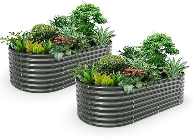A ANLEOLIFE 2-Set 8X4X2 ft Galvanized Raised Garden Bed Kit, Oval Metal Deep Root Planters for Outdoor Plants, Quartz Grey AAnleolife
