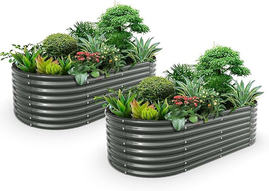 A ANLEOLIFE 2-Set 8X4X2 ft Galvanized Raised Garden Bed Kit, Oval Metal Deep Root Planters for Outdoor Plants, Quartz Grey AAnleolife