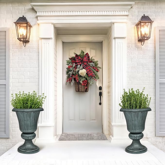 Magshion 20" Urn Planters for Outdoor Plants, Large Decorative Front Porch Planters Set of 2, Weatherproof Tall Plastic Flower Pots for Garden, Patio & Entryway Décor, Antique Green Magshion