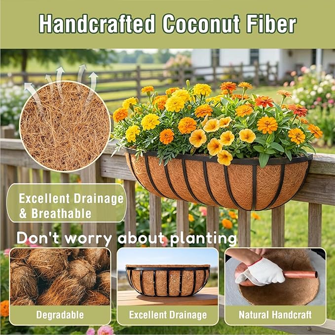 2 Pcs 30 Inch Trough Coco Liner for Window Box, 100% Natural Half Moon Coconut Coir Planter, Replaceable Coconut Fiber Liner for Window Boxes & Fence Flower Baskets (2, 30 inch) Rootora