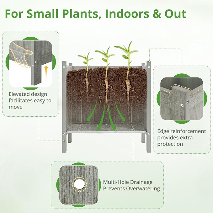 LUE BONA Outdoor Plant Pots, 13.7" x 12.5" x 14.5" HDPS Flower Pots with Drainage Holes, Outdoor Planters Boxes for Outdoor Plants - Porch Patio, Garden or Entryway, Light Gray-Oil Printed LUEBONA