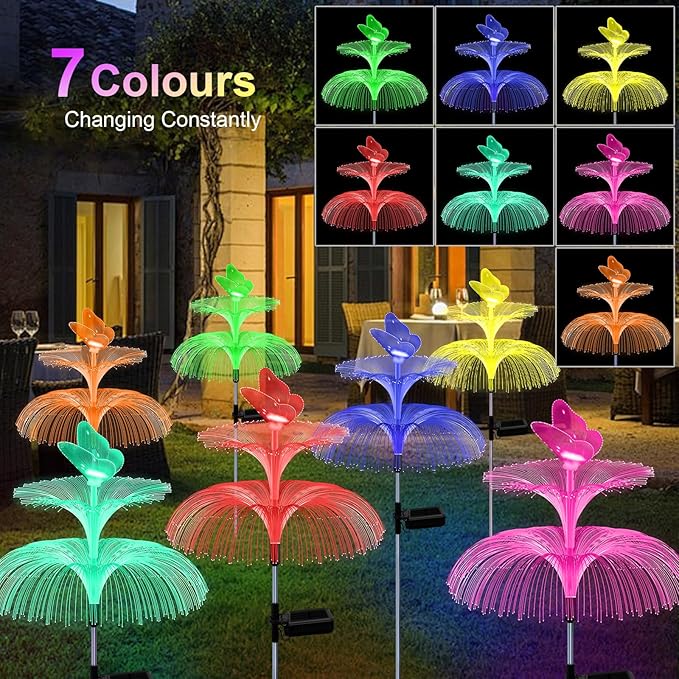 6 Pack Solar Garden Lights, Gardening Birthday Gifts for Mom Grandma Women, Waterproof 7 Color Changing Jellyfish Light with Butterfly Solar Flower Lights for Outdoor Pool Yard Garden Decor MRHEPHAESTUS