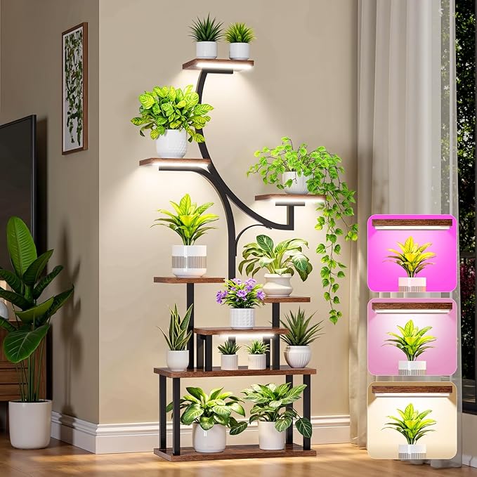 [2026 New Upgraded] Plant Stand Indoor with 4 Grow Lights & 3 Colors, 8 Tiered Corner Plant Shelf, 63" Tall Plant Stands for Indoor Plants Multiple, Metal Flower Display Shelves Holder for Home softeen