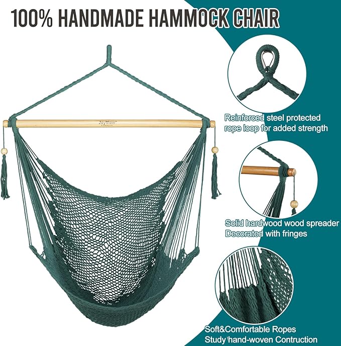JoyView Hammock Chair with Spreader Bar Caribbean Hammock Swing Chair 300 LBS Weight Capacity XL Rope Hanging Chair for Outdoor Indoor Garden Yard - Green JoyView
