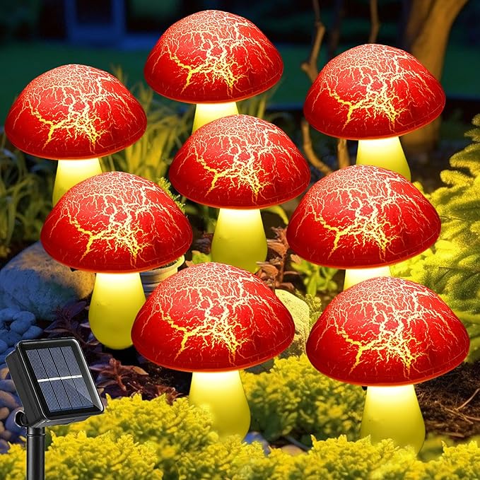 Solar Mushroom Lights Garden Decor 8 Red Crack Mushrooms Outdoor Decor Stake Lights, Waterproof Solar Pathway Light Gardening Gifts for Landscape Easter Gnomes Yard Halloween Christmas Decorations Viewpick
