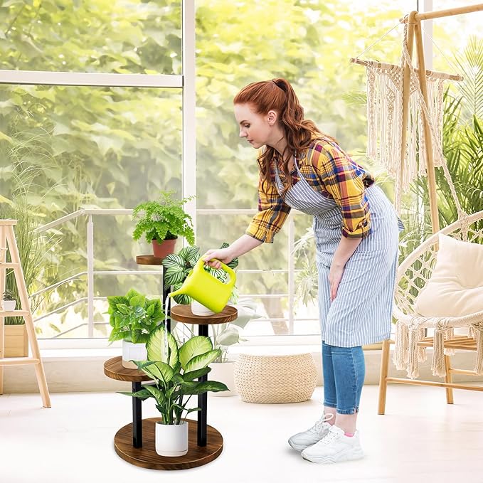 GEEBOBO 3 Tier Plant Stand Indoor, Metal Wood Plant Stands For Indoor Plants Multiple, Corner Tiered Flower Plants Shelf Stand for Living Room Bedroom, Brown GEEBOBO
