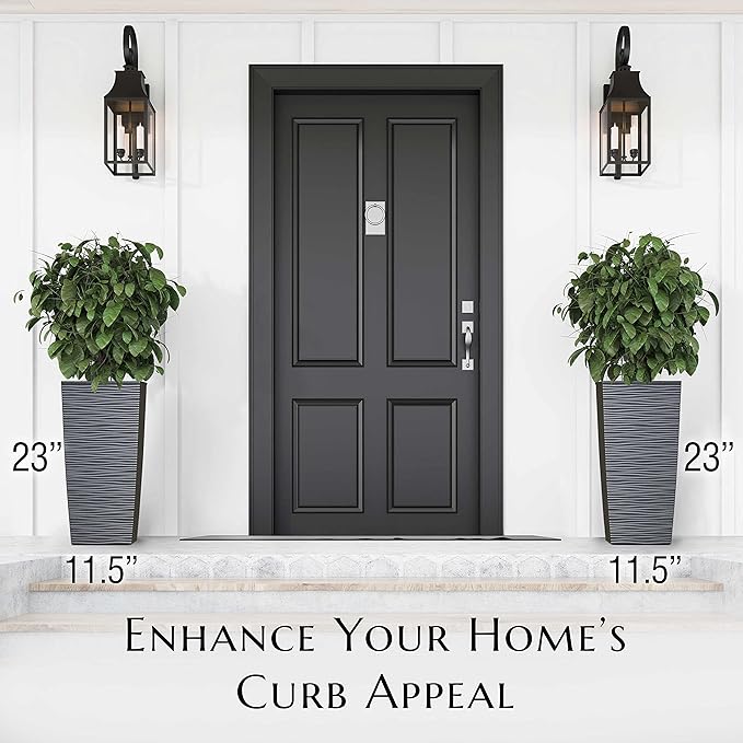 Mueller Janska M-Resin Heavy Duty Tall Planter, Indoor/Outdoor Grande Plant, Tree, Flower Pot, 2-Piece Set, 24”, Modern Design, Built-in Drainage, Dark Gray Mueller