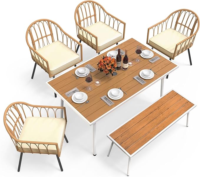 DWVO Patio Table Rectangle 59"x34.2", Patio Dining Table for 6 Weather-Resistant Outdoor Table with Umbrella Hole, Steel Frame, Adjustable Feet for Outdoor/Indoor DWVO