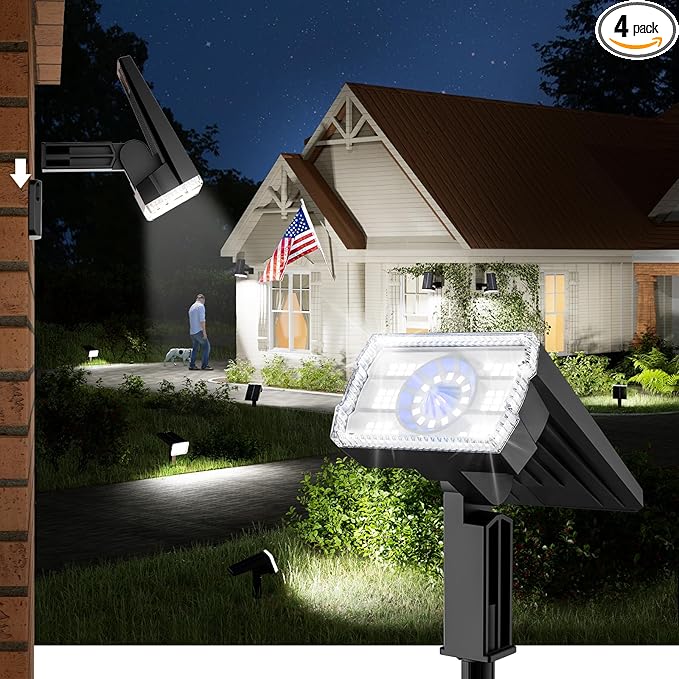 Bright Solar Spot Lights Outdoor 4 Pack, [58 LED/12000K/3 Modes] Solar Lights Outdoor Waterproof IP67, Auto On/Off, 2-in-1 Wall Light Flood Light for Tree Yard Garden Pathway BITPOTT