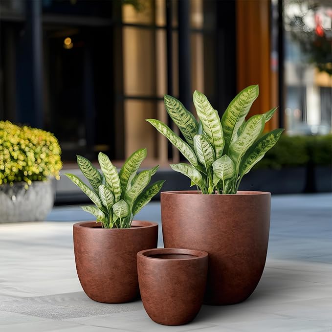 Kante 18",14",10" Dia Concrete Round Planters (Set of 3), Outdoor Indoor Large Planter Pots with Drainage Hole and Rubber Plug for Home Patio Garden, Rusty Kante