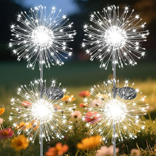 Garden Outdoor Lights, 4 Pack 120 LED Solar Garden Lights Fairy Lights Outdoor Waterproof Decorative Solar Firework Lights for Yard Patio Pathway Flowerbed Party Wedding Decor, White Slyuexu