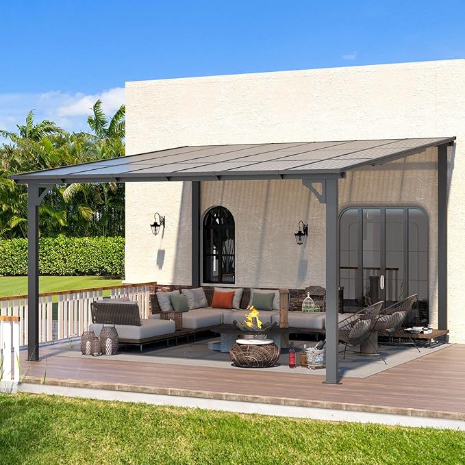 AECOJOY 12' x 12' Gazebo Outdoor Pergola for Patio, Large Wall-Mounted Hard Top Lean to Metal Gazebo Shelter Pergolas and Gazebos Clearance with Patio Roof, Heavy Duty Awnings for Backyard, Decks AECOJOY