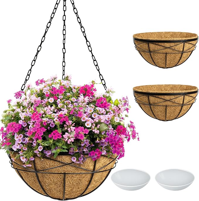 2 Pack 18 Inch Extra Large Deep Hanging Baskets for Plants Outdoor Metal Hanging Planters Flower Pots with Coco Liners Black Hanging Plant Holder for Porch Balcony Garden Planting KarlliuHOMEGARDEN