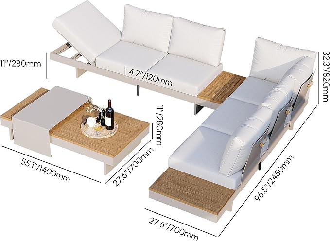 homary 6 Piece Aluminum & Teak Outdoor Sofa Set, Patio Sofa Seat L-Shaped Outdoor Sectional Sofa Set with Adjustable Backrests/Waterproof/Fade Resistant Cushions Ideal for Patios/Balconies,Light Gray Homary
