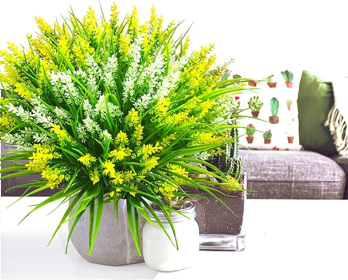 Artificial Plants Outdoor, 20 Pcs Fake Flowers UV Resistant Outdoor Fake Plants, Lavender Artificial Flowers Plastic Fake Faux Flowers Shrubs for Home Porch Garden Yard Window Box (Yellow White) TSTWETO