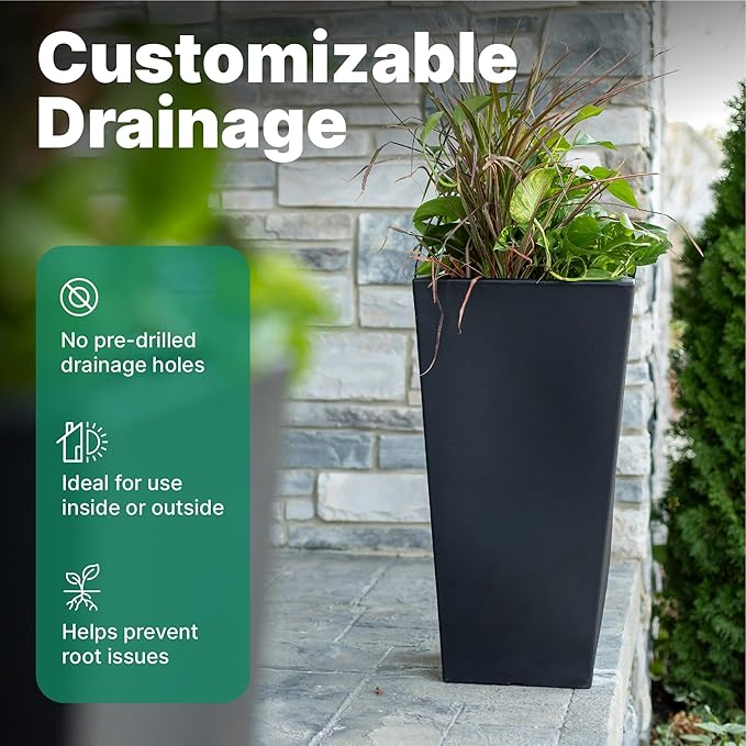 Step2 Tremont Tall Square Tapered Planter, 28", Indoor/Outdoor Plants, Efficient Drainage, Durable Resin, Onyx Black Step2