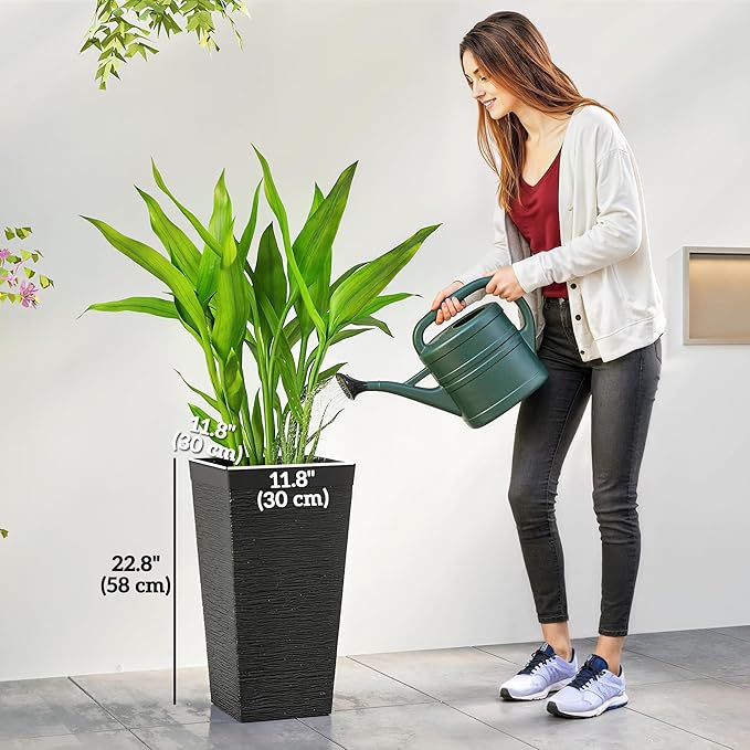 Outsunny 22.8 Inch Tall Planters for Outdoor Plants, Set of 3 Plastic Flower Pots with Stone Finish and Wheels, Stackable Tapered Planters with Drainage Hole for Indoor Plants, Front Porch, Black Outsunny