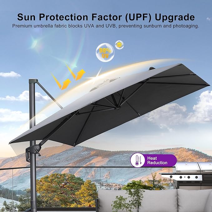 PURPLE LEAF Patio Umbrella 10' X 13' Rectangle Cantilever Umbrella Large Aluminum Outdoor Umbrellas with 360-degree Rotation & UPF40+ Premium Fabric for Deck Pool Garden Yard, Mist Grey Rootora