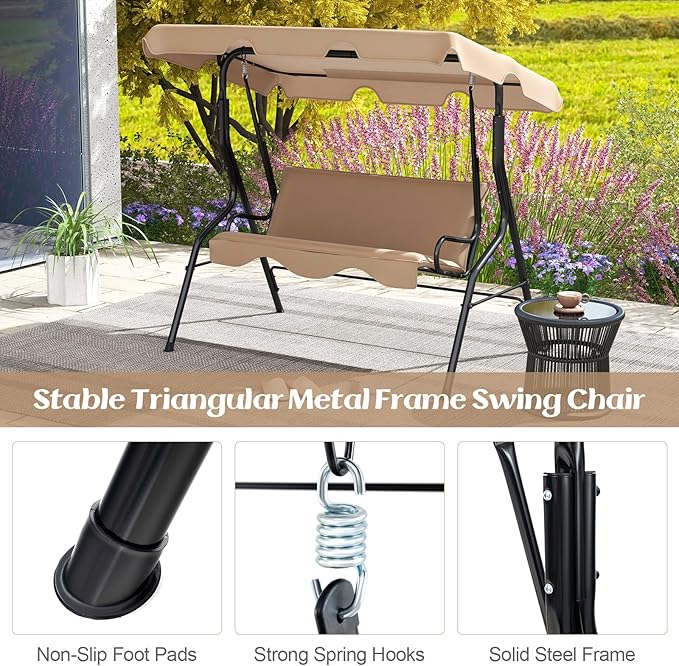 Tangkula 3 Person Porch Swing, Patio Swing with Removable Cushion & Powder-Coated Steel Frame, Outdoor Swing with Canopy for Porch, Backyard, Garden, Balcony (Beige) TANGKULA