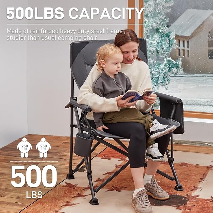 EVER ADVANCED Oversized Folding Camping Chair, for Adults Heavy Duty Lawn Chair with Side Pockets, Portable Collapsible Quad Chair for Outside, Support Up to 500lbs, Grey EVERADVANCED