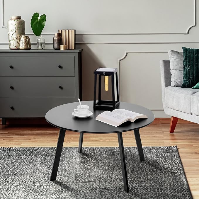 Outdoor Side Table, Outdoor/Indoor Metal Steel Patio Coffee Table, Round Weather Resistant Anti-Rust (Black) Meluvici