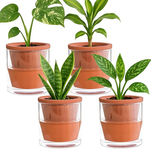D'vine Dev 4 Inch Design Self Watering Pot for Indoor Plants, Terracotta Planter with Cylinder Glass Cup, Set of 4, 37-Z-A-1-F DvineDevPlanterPotsandStand