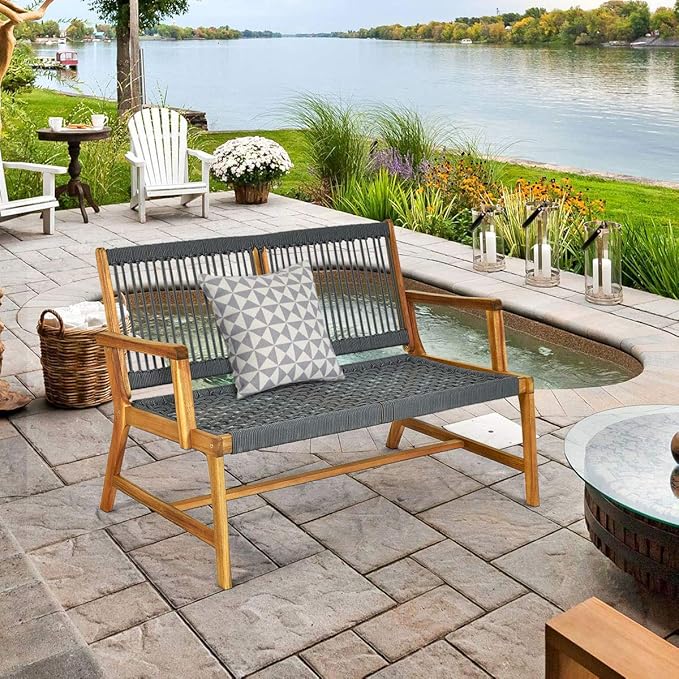 Tangkula 2-Person Patio Acacia Wood Bench Loveseat, Outdoor Patio Rope Bench in Teak Oil Finish, for Balcony Deck Poolside Porch (Grey) TANGKULA