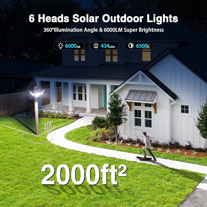 6000LM Solar Lights Outdoor Waterproof, 6 Heads Solar Flood Lights Outdoor with 2 Motion Sensor, 310 LED Motion Light with Remote Control for Yard Outside House Patio 3 Pack SZPOWER