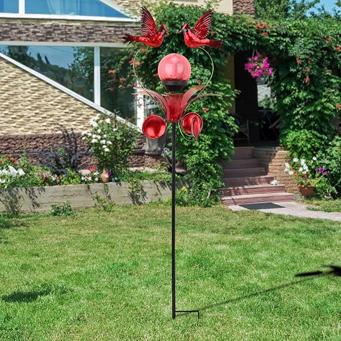 VCUTEKA Cardinal Solar Lights Outdoor Metal Garden Stake Waterproof Crackle Glass Globe Garden Decor Cardinal for Pathway, Lawn, Patio, Yard VCUTEKA